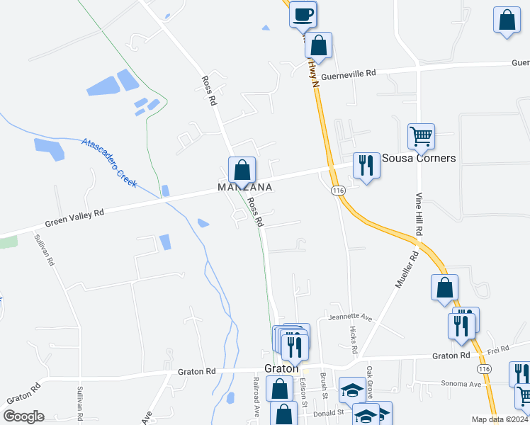 map of restaurants, bars, coffee shops, grocery stores, and more near 3911 Ross Road in Sebastopol