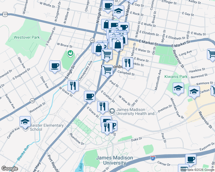 map of restaurants, bars, coffee shops, grocery stores, and more near 558 South Main Street in Harrisonburg