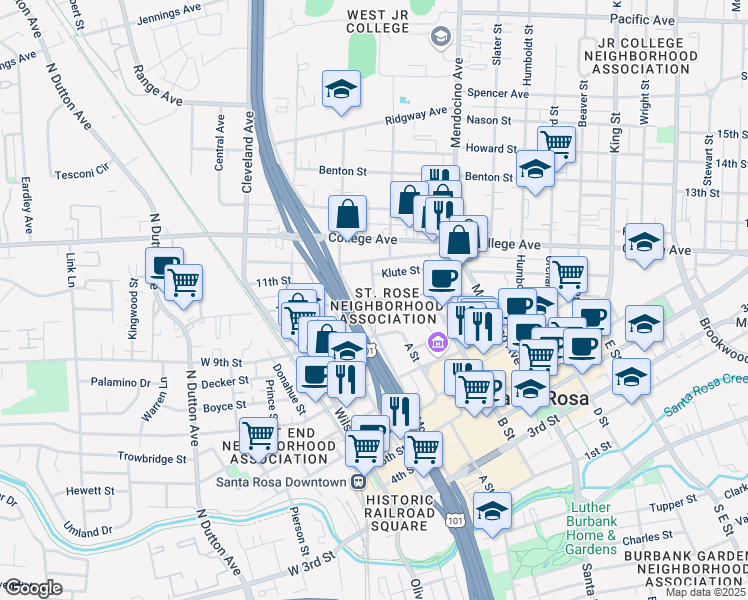 map of restaurants, bars, coffee shops, grocery stores, and more near 10th Street & Washington Street in Santa Rosa