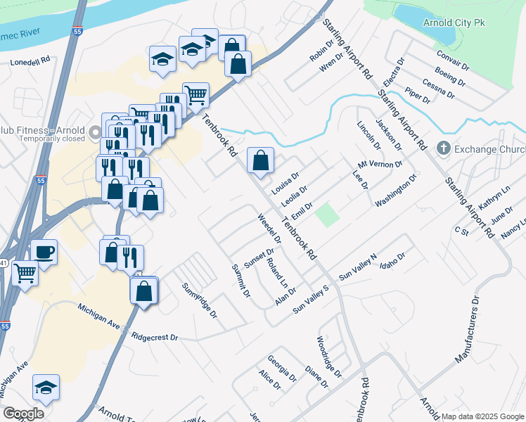 map of restaurants, bars, coffee shops, grocery stores, and more near 2259 Weedel Drive in Arnold