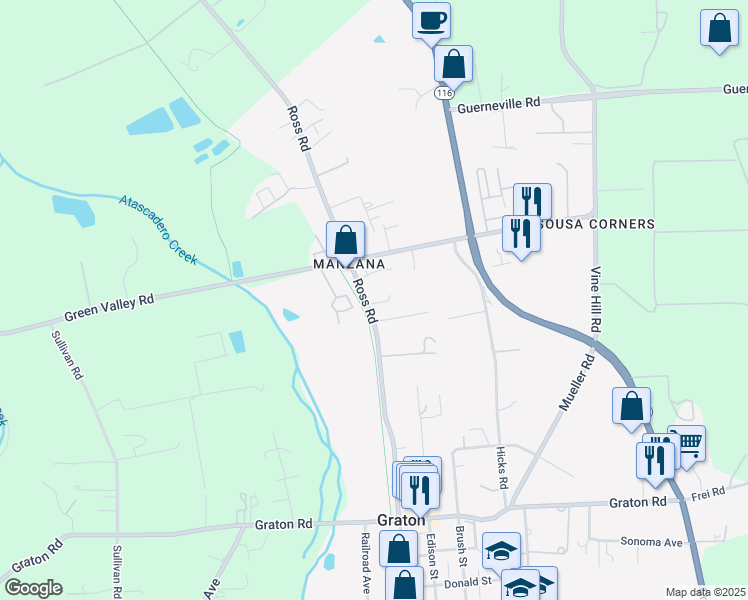 map of restaurants, bars, coffee shops, grocery stores, and more near 3911 Ross Road in Sebastopol