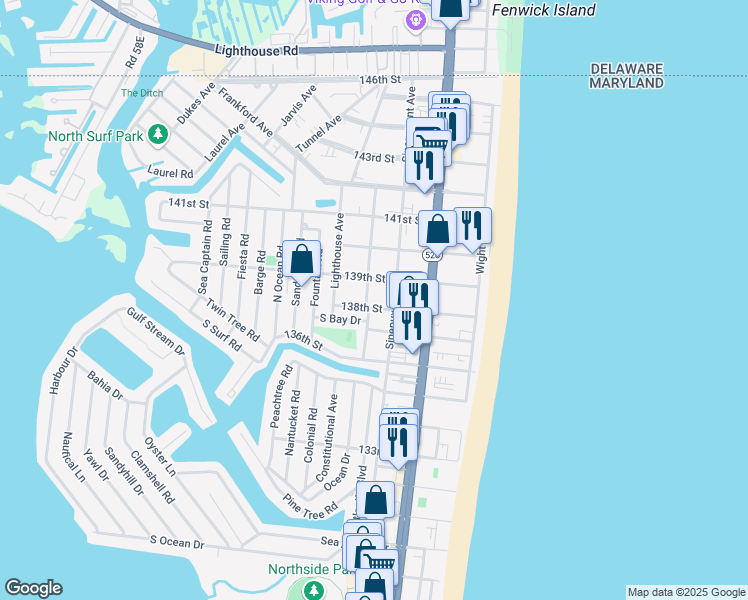 map of restaurants, bars, coffee shops, grocery stores, and more near 208 138th St in Ocean City