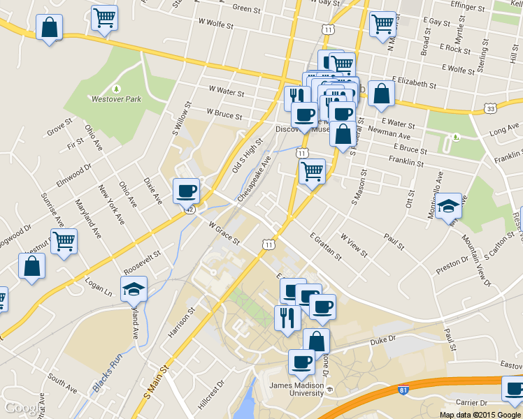 map of restaurants, bars, coffee shops, grocery stores, and more near 663 Walnut Lane in Harrisonburg