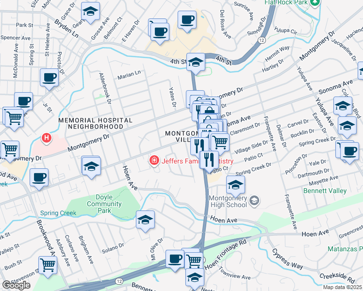 map of restaurants, bars, coffee shops, grocery stores, and more near 2120 Sonoma Avenue in Santa Rosa