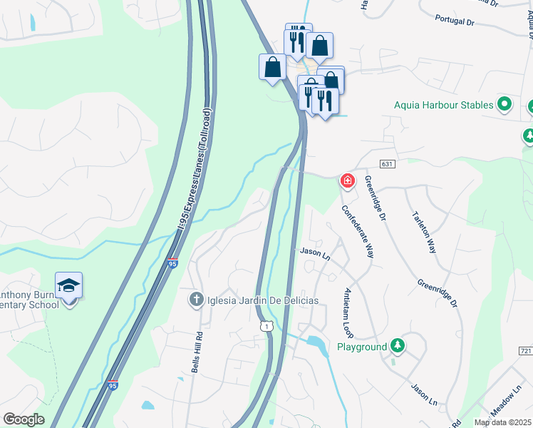 map of restaurants, bars, coffee shops, grocery stores, and more near 2 Bells Ridge Drive in Stafford