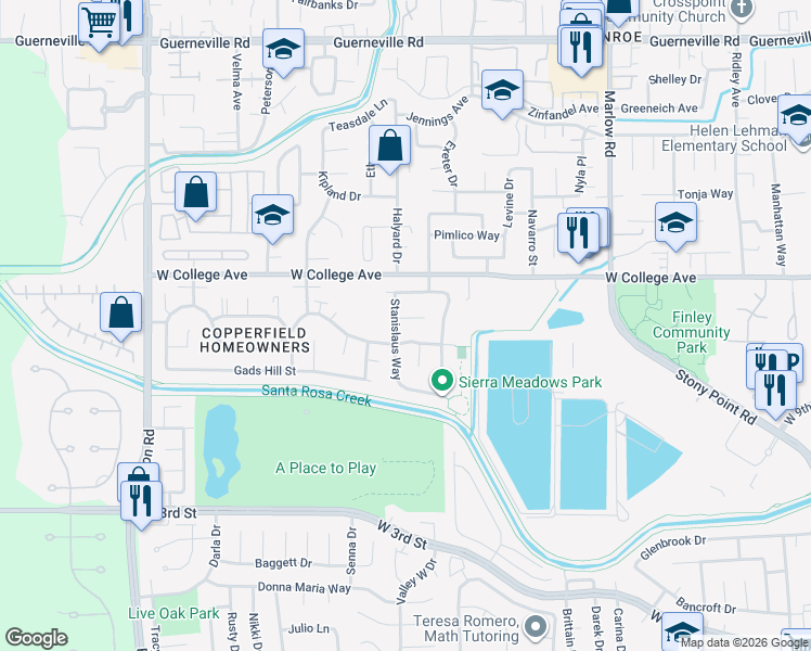 map of restaurants, bars, coffee shops, grocery stores, and more near 2288 Stanislaus Court in Santa Rosa