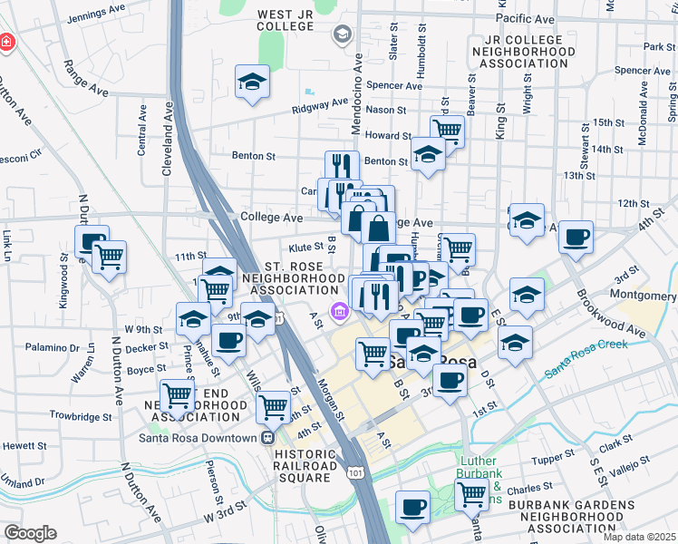 map of restaurants, bars, coffee shops, grocery stores, and more near 558 B Street in Santa Rosa