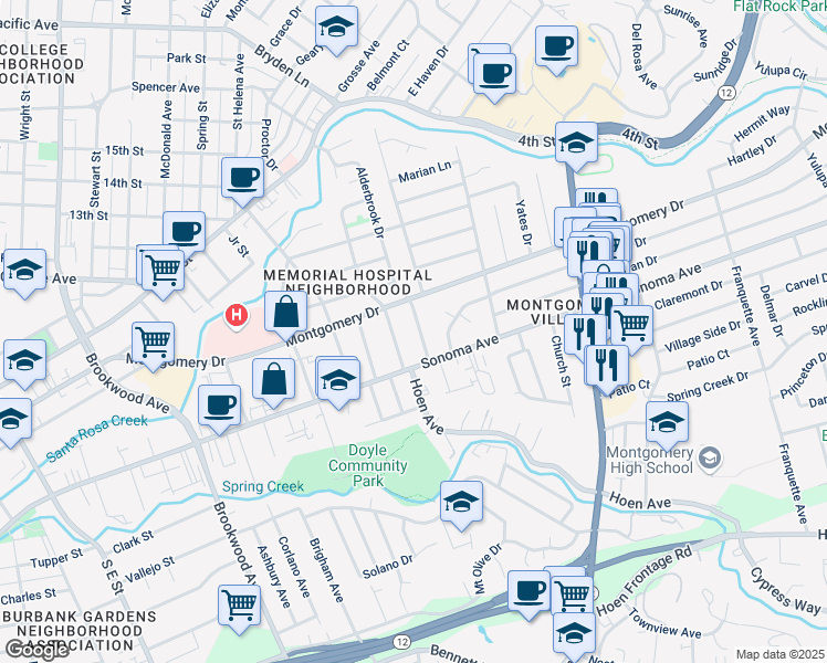 map of restaurants, bars, coffee shops, grocery stores, and more near 507 Alderbrook Drive in Santa Rosa