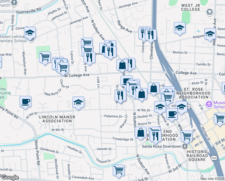 map of restaurants, bars, coffee shops, grocery stores, and more near 947 Kingwood Street in Santa Rosa