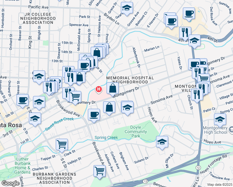 map of restaurants, bars, coffee shops, grocery stores, and more near 1413 Montgomery Drive in Santa Rosa