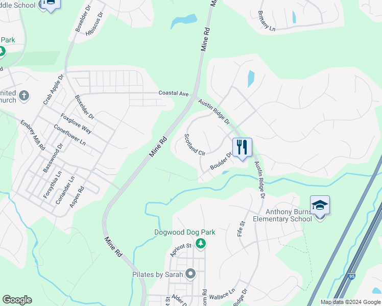 map of restaurants, bars, coffee shops, grocery stores, and more near 34 Scotland Circle in Stafford