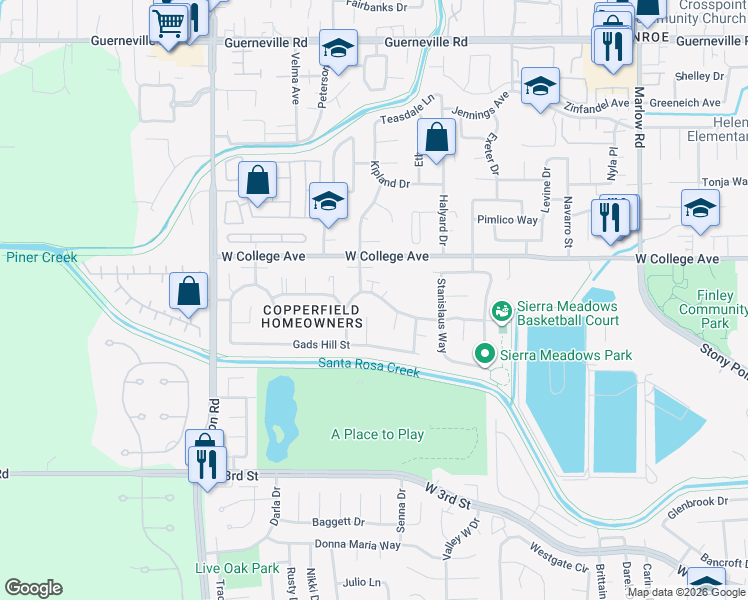 map of restaurants, bars, coffee shops, grocery stores, and more near 2322 Copperfield Drive in Santa Rosa