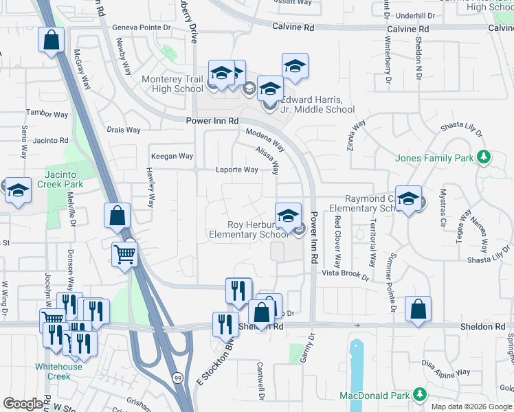 map of restaurants, bars, coffee shops, grocery stores, and more near 8381 Tigerlily Court in Elk Grove