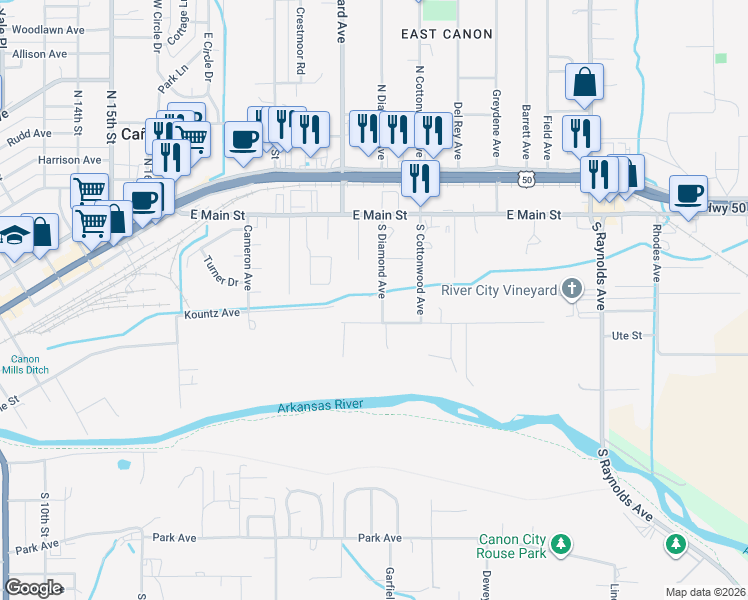 map of restaurants, bars, coffee shops, grocery stores, and more near 295 S Diamond Ave in Cañon City