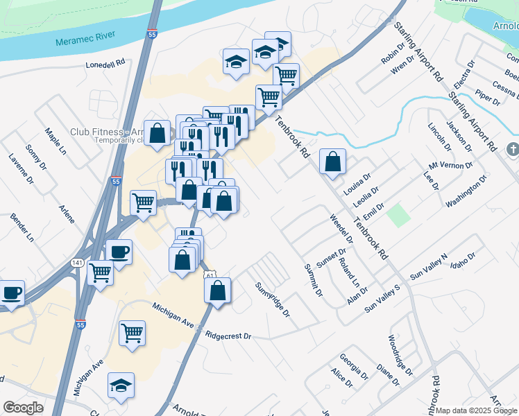 map of restaurants, bars, coffee shops, grocery stores, and more near 2115 Berrywood Court in Arnold