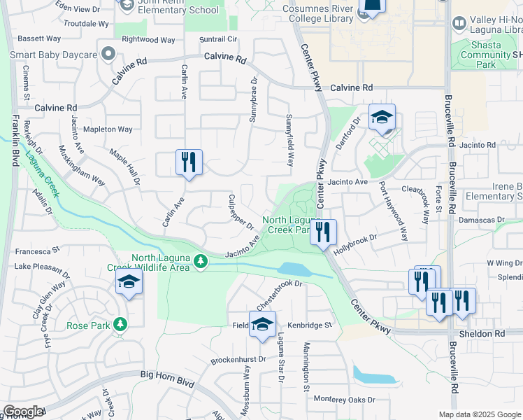 map of restaurants, bars, coffee shops, grocery stores, and more near 6287 Jacinto Avenue in Sacramento