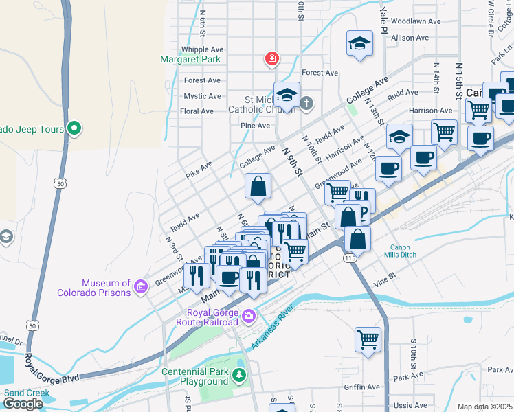 map of restaurants, bars, coffee shops, grocery stores, and more near 632 Harrison Avenue in Cañon City