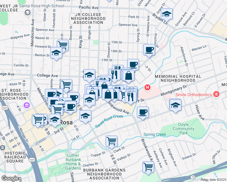 map of restaurants, bars, coffee shops, grocery stores, and more near 1029 3rd Street in Santa Rosa