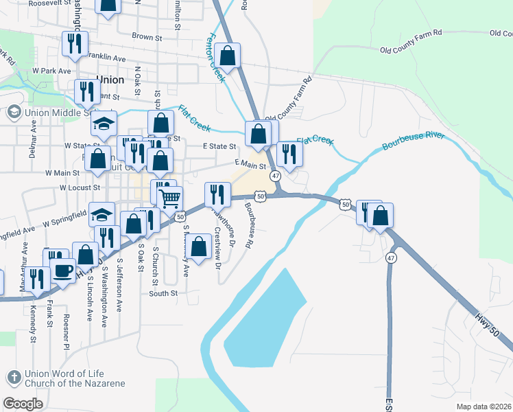map of restaurants, bars, coffee shops, grocery stores, and more near 304 Bourbeuse Road in Union