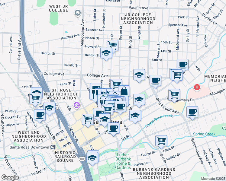 map of restaurants, bars, coffee shops, grocery stores, and more near 713 7th Street in Santa Rosa