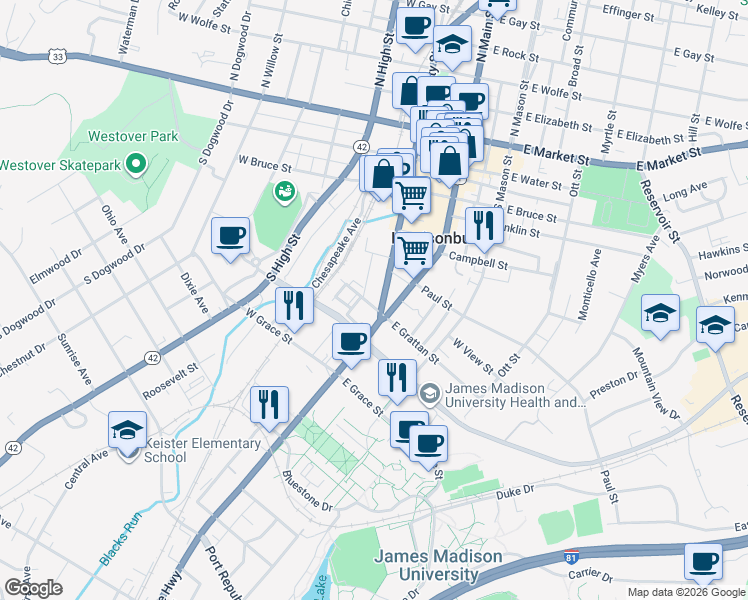 map of restaurants, bars, coffee shops, grocery stores, and more near 650 Walnut Lane in Harrisonburg