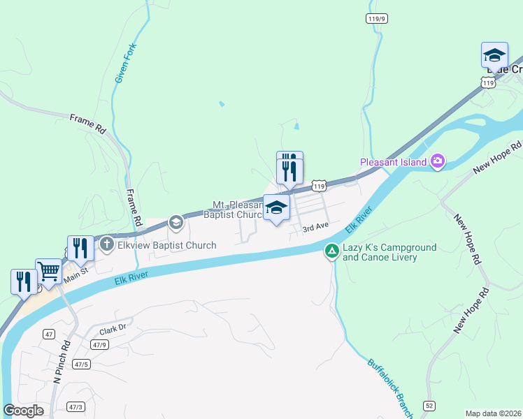 map of restaurants, bars, coffee shops, grocery stores, and more near Howland Drive in Elkview
