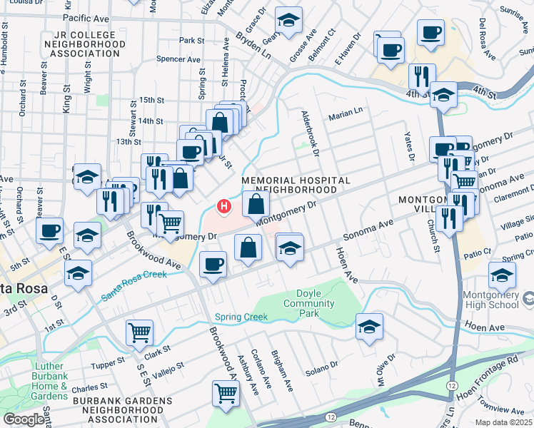 map of restaurants, bars, coffee shops, grocery stores, and more near 1413 Montgomery Drive in Santa Rosa