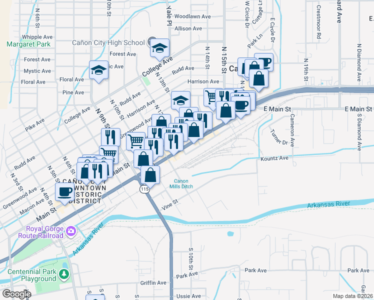 map of restaurants, bars, coffee shops, grocery stores, and more near 1122 Royal Gorge Blvd in Cañon City