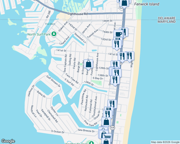 map of restaurants, bars, coffee shops, grocery stores, and more near 13803 Fountain Road in Ocean City
