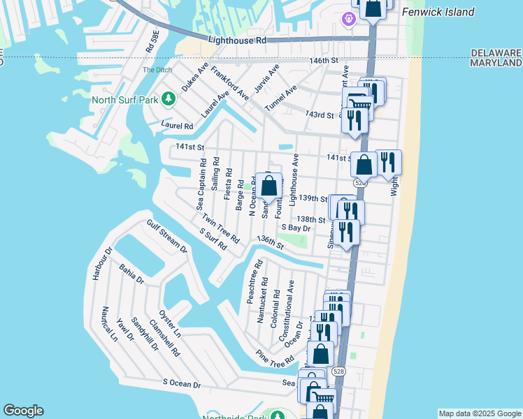 map of restaurants, bars, coffee shops, grocery stores, and more near 13704 Sand Dune Road in Ocean City