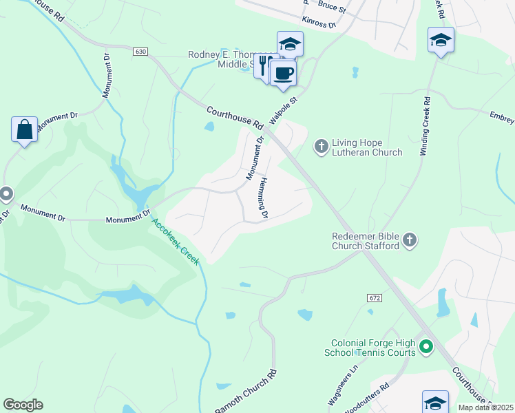 map of restaurants, bars, coffee shops, grocery stores, and more near 3 Hemming Drive in Stafford