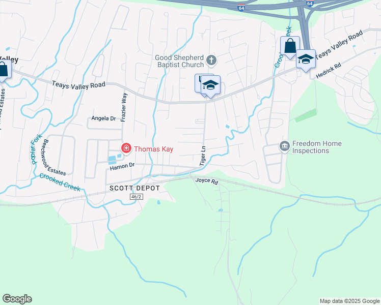 map of restaurants, bars, coffee shops, grocery stores, and more near 89 Valley Bend Drive in Teays Valley