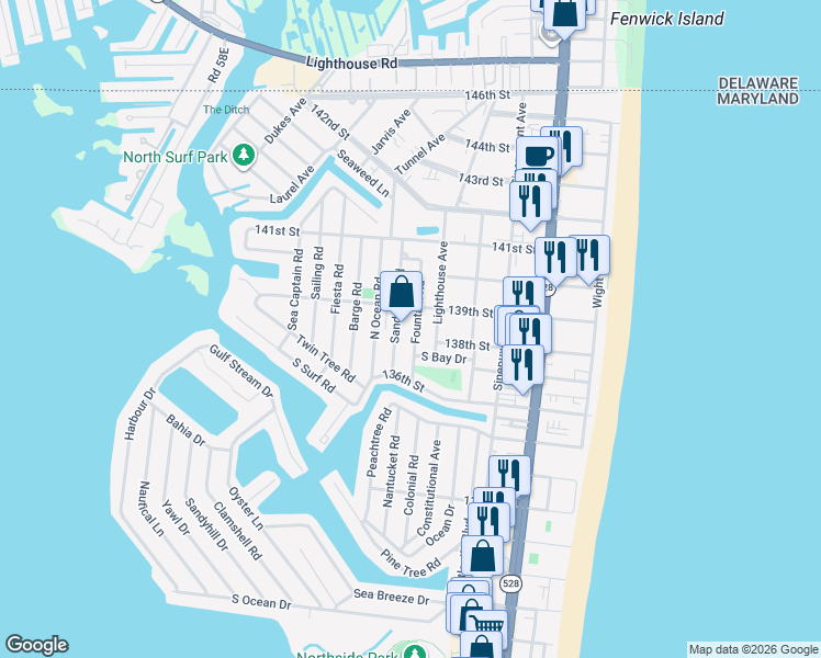 map of restaurants, bars, coffee shops, grocery stores, and more near 13704 Sand Dune Road in Ocean City