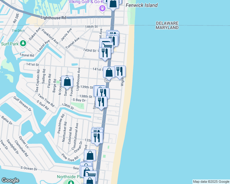 map of restaurants, bars, coffee shops, grocery stores, and more near 9 139th Street in Ocean City