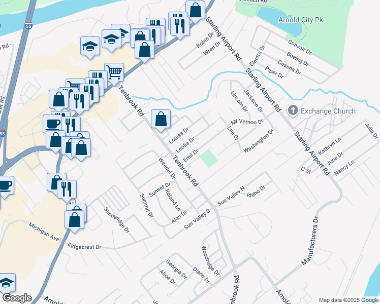 map of restaurants, bars, coffee shops, grocery stores, and more near 746 Emil Drive in Arnold