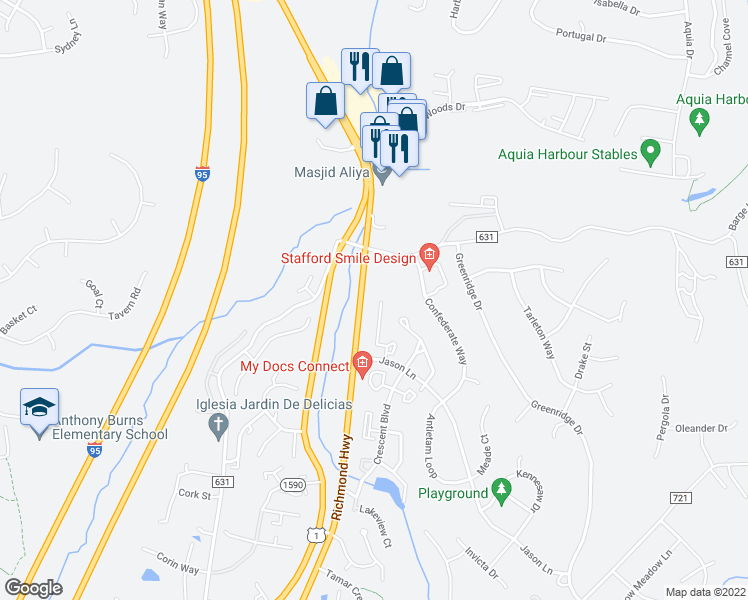 map of restaurants, bars, coffee shops, grocery stores, and more near 807 Sedgwick Court in Stafford