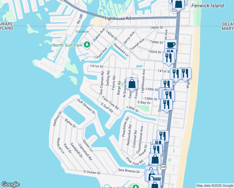 map of restaurants, bars, coffee shops, grocery stores, and more near 13703 North Ocean Road in Ocean City