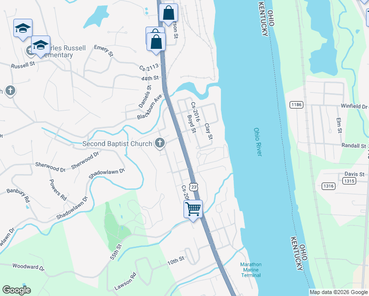 map of restaurants, bars, coffee shops, grocery stores, and more near 130 Winchester Avenue in Ashland