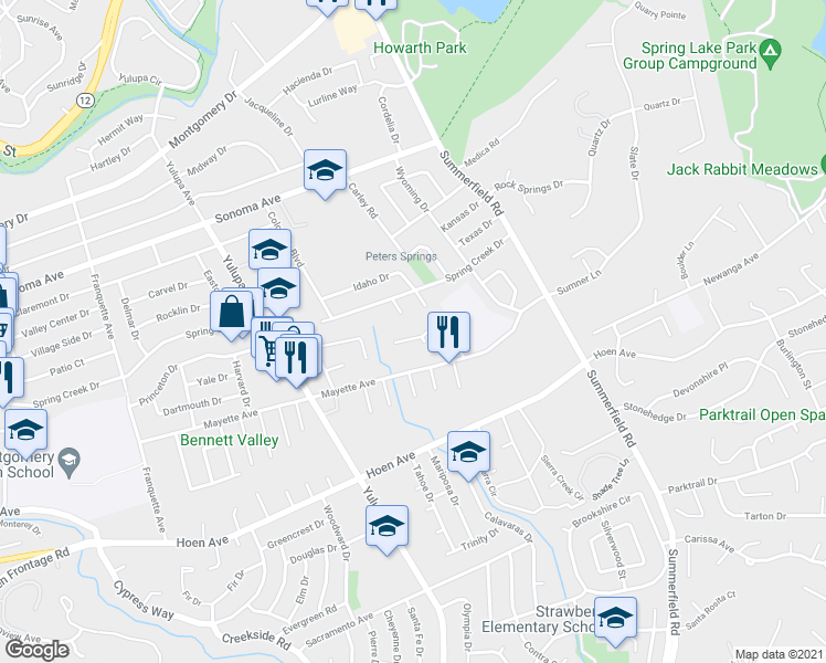 map of restaurants, bars, coffee shops, grocery stores, and more near 4314 Princeton Way in Santa Rosa