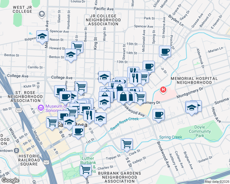 map of restaurants, bars, coffee shops, grocery stores, and more near in Santa Rosa