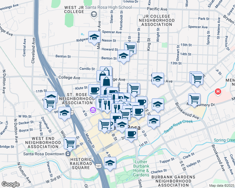 map of restaurants, bars, coffee shops, grocery stores, and more near 522 Riley Street in Santa Rosa