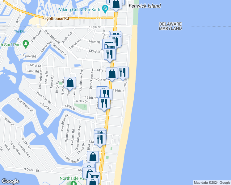 map of restaurants, bars, coffee shops, grocery stores, and more near 13600 Coastal Highway in Ocean City