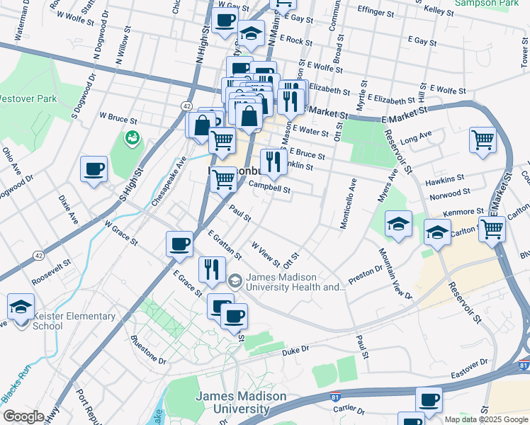 map of restaurants, bars, coffee shops, grocery stores, and more near 498 South Mason Street in Harrisonburg
