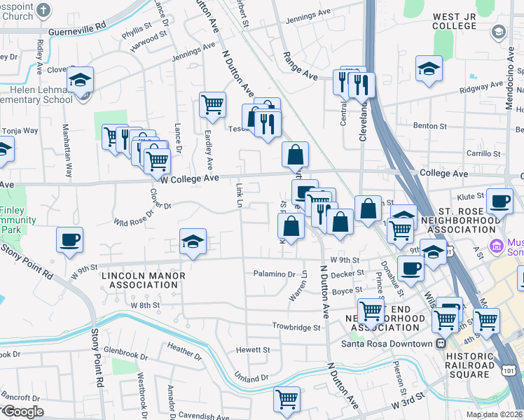 map of restaurants, bars, coffee shops, grocery stores, and more near 945 Lodi Street in Santa Rosa