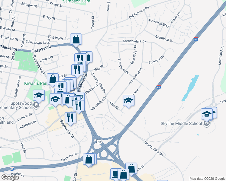 map of restaurants, bars, coffee shops, grocery stores, and more near 581 Blue Ridge Drive in Harrisonburg