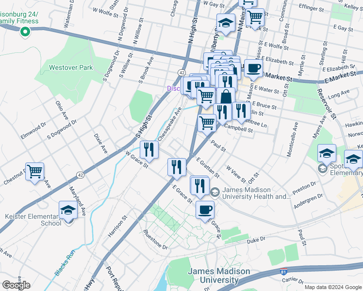 map of restaurants, bars, coffee shops, grocery stores, and more near 637 Walnut Lane in Harrisonburg