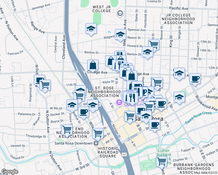 map of restaurants, bars, coffee shops, grocery stores, and more near 333 10th Street in Santa Rosa