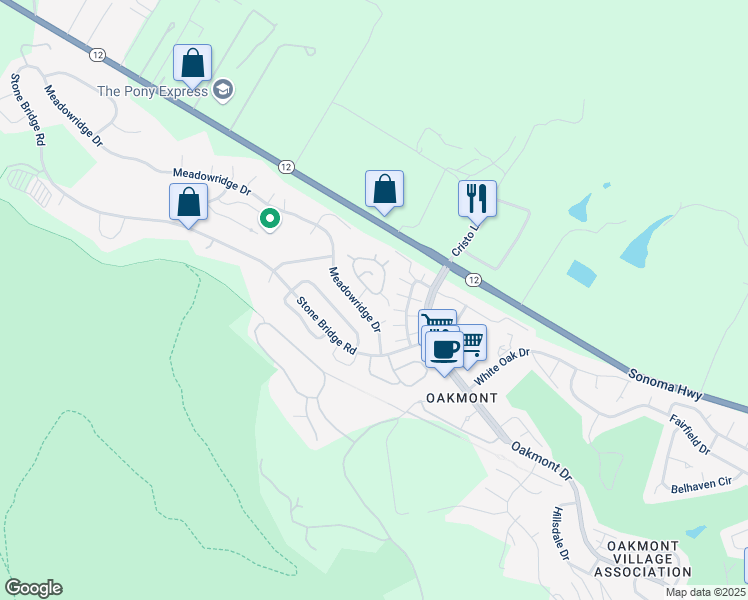map of restaurants, bars, coffee shops, grocery stores, and more near 6578 Meadowridge Drive in Santa Rosa