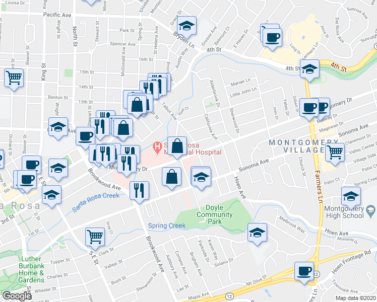 map of restaurants, bars, coffee shops, grocery stores, and more near 1413 Montgomery Drive in Santa Rosa