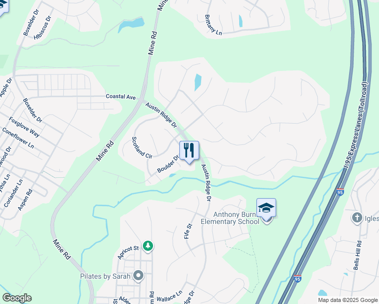 map of restaurants, bars, coffee shops, grocery stores, and more near 11 Patriot Way in Stafford